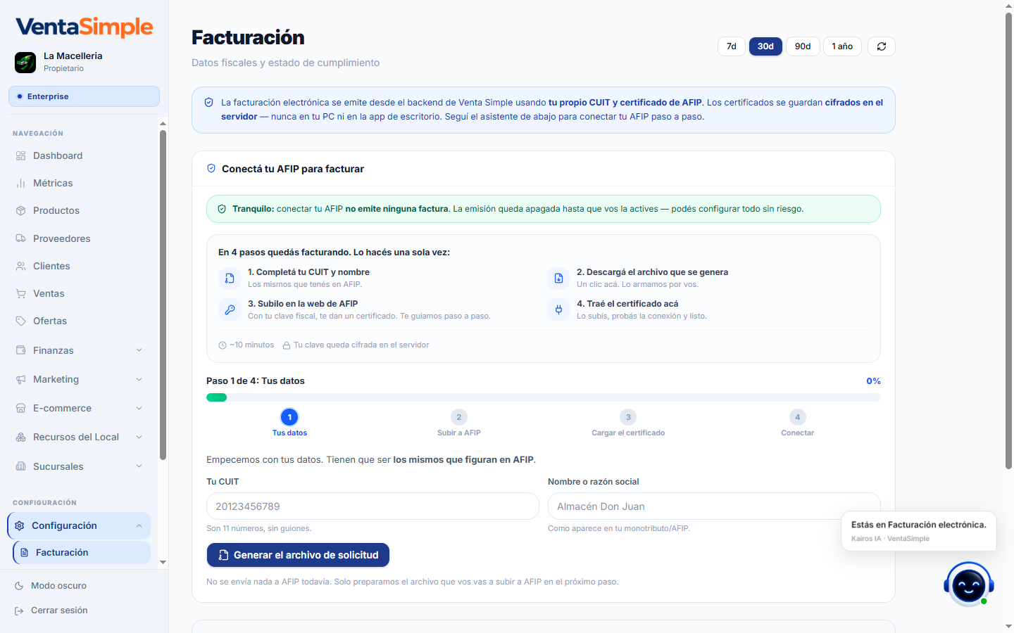 Onboarding de facturación electrónica ARCA en VentaSimple