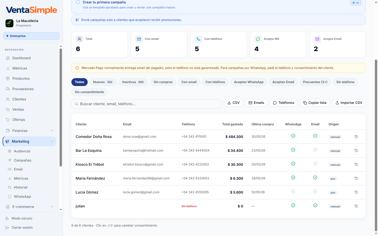 Clientes y campañas — VentaSimple