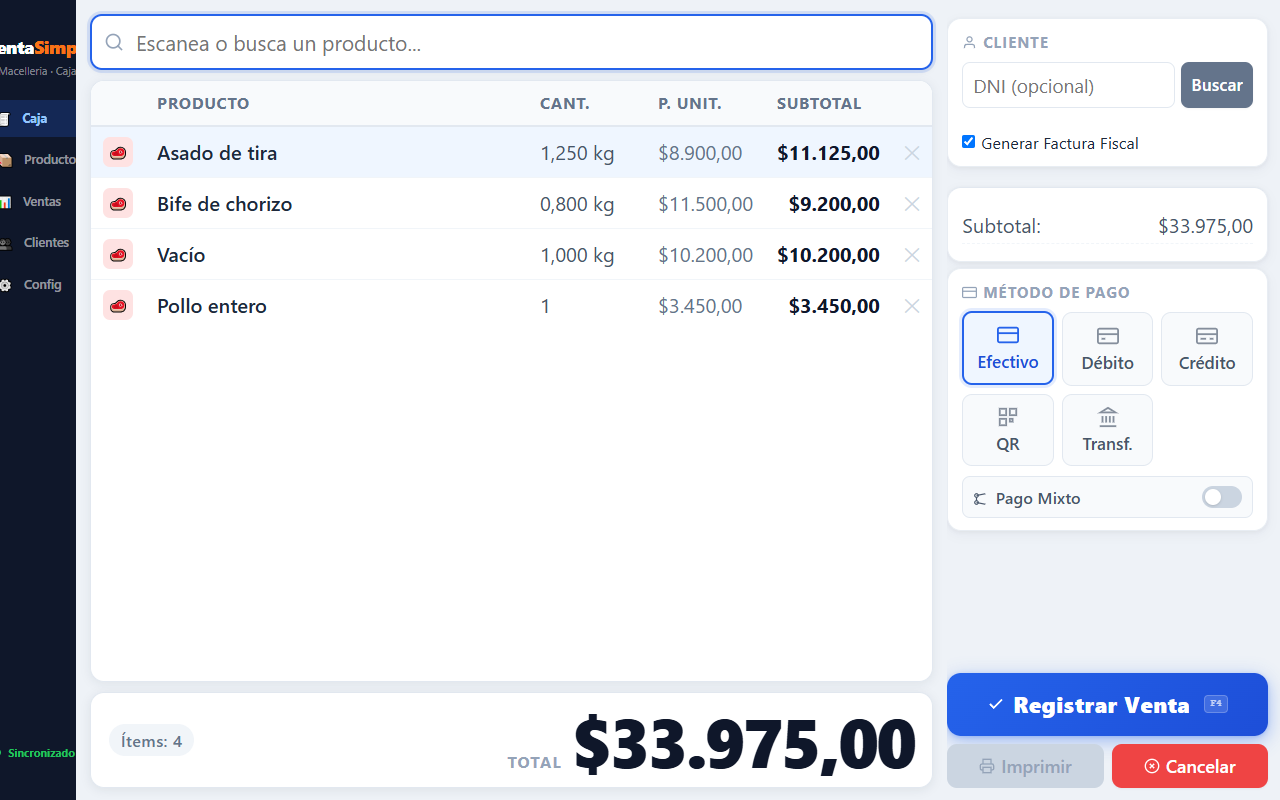 Punto de Venta de VentaSimple cobrando una venta con factura fiscal