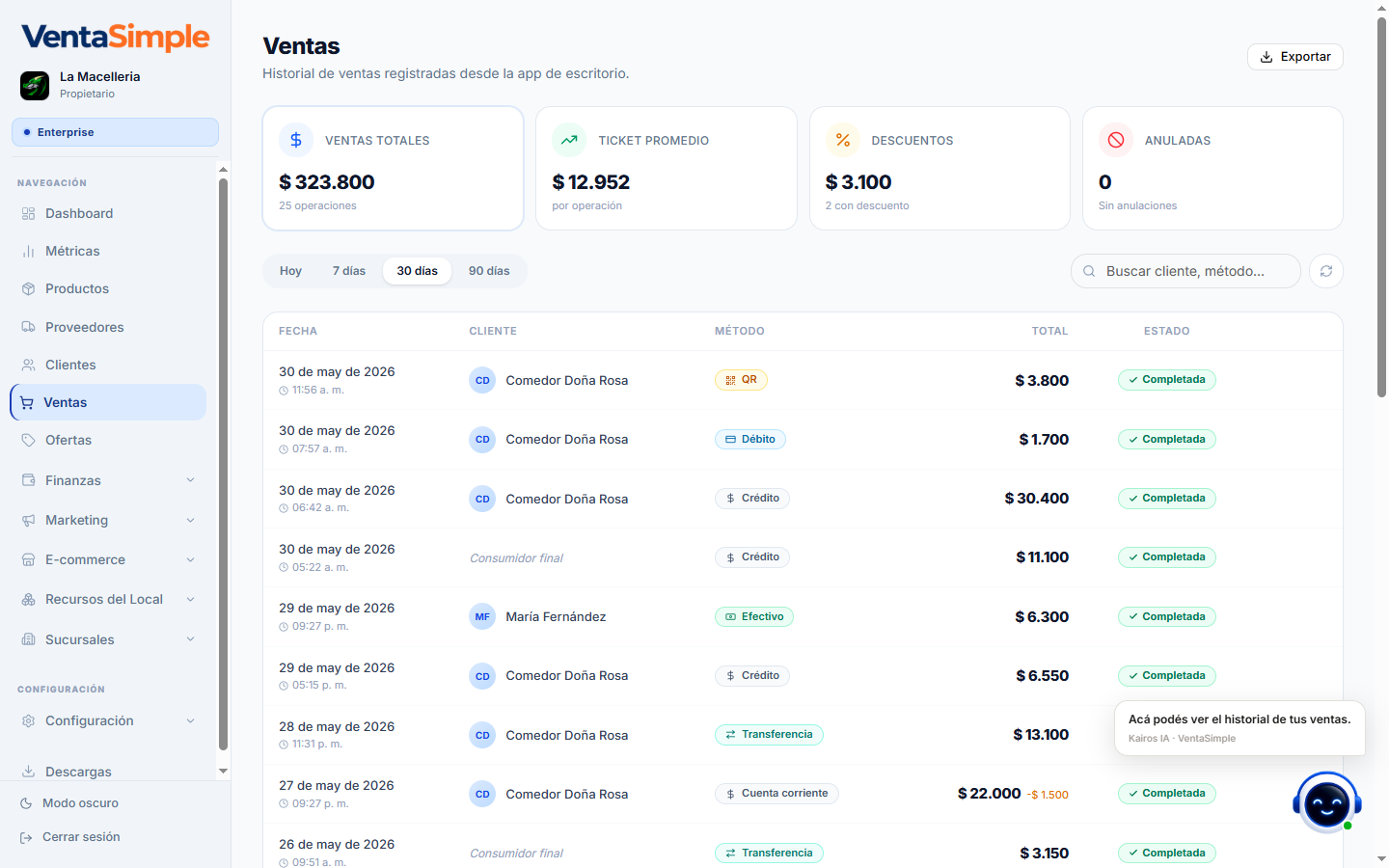 Panel web de VentaSimple — historial de ventas en tiempo real